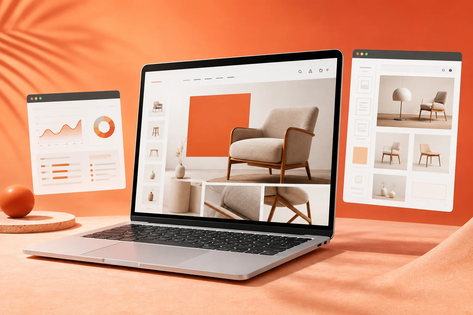 Minh họa website bán hàng và trang quản trị trên máy tính